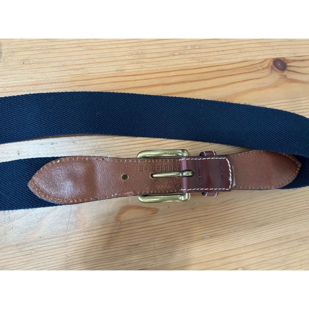 LL Bean Men Navy Blue Webbing Leather Belt Brass Buckle Sz 34 Classic Hertiage
